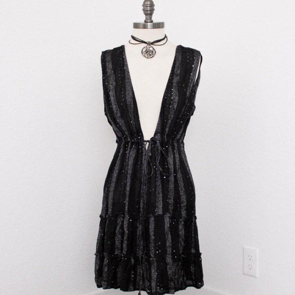 Y2k Rayasun Black and Silver Metallic Coverup Dress Womens Size Medium